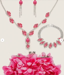 ABENDBEUTEL - Floral Hot Pink und 4 Teile Strass Schmuckset GS308 - Bild 1 von 11