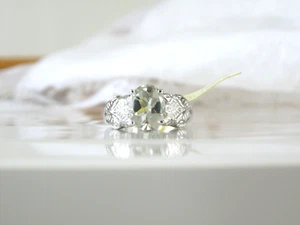 New Sterling Silver 925 Natural Green Amethyst Engraved Leaf Vine Ring Size 7 - Picture 1 of 12
