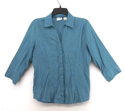 Riders by Lee Shirt Women Size M Teal Check Collared 3/4 Sleeve Button Up Top - Image 1 of 4