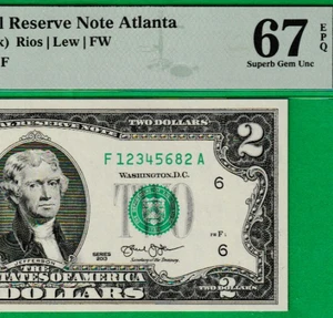 $2  TWO DOLLAR Federal Reserve note LADDER Serial Numbers 1-2-3-4-5-6-8-2 PMG 67 - Picture 1 of 3