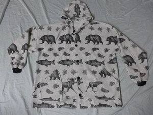 Vintage MICHIGAN RAG CO B&W Bär/Lachs Allover-Print Fleece/Flanell Hoodie XL - Bild 1 von 8