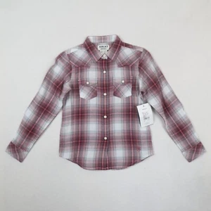 NEW Ariat Shirt Girls Small Pink Plaid Flannel Pearl Snap Long Sleeve Western - Picture 1 of 15