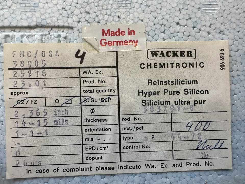  LOTE DE 400 OBLEAS WAKER CHEMTRON HYPER SILICON PURE 2.365" de diámetro, 14-15 molinos de espesor Foto 1 de 4