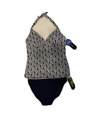 Maiô Tankini Be Creative novo com etiquetas 2 peças tamanho 8 azul marinho branco estampa parte superior inferior - Imagem 1 de 4