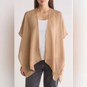 Tan Open Front Kimono Style Cardigan With Crochet Trim & Back Panel For Women - Picture 1 of 9