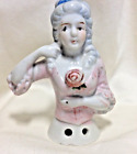 Antique Pin Cushion Half Doll Lady With Pink Dress And Rose, 3 1/2" Tall, Japan