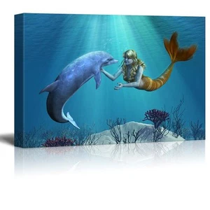 wall26 -Canvas Prints - A Friendly Dolphin Greets a Mermaid Undersea - 16" x 24" - Picture 1 of 3