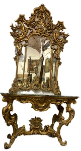 Beautiful Antique Console With Mirror IN Wood Carved E Golden 19th Century - Picture 1 of 15