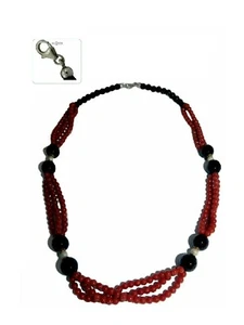 Italian Coral necklace of Red in 925 with gemstone Silver for women and Onyx - Picture 1 of 7
