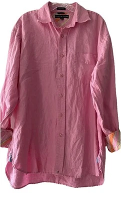 Camisa Tommy Hilfiger Para Hombres Grande Rosa Abotonada Puño Abatible Lino Puro Logo Preppy Foto 1 de 4