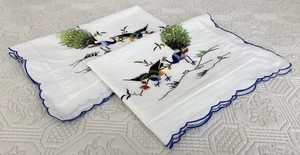 Pair Of Vintage Floral Birds Embroidery Pure Cotton Small Pillowcases 61 x 37cm - Picture 1 of 18
