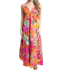 Maxi Vestido Tulipán Tropical Estampado Palma Halter en Niveles Talla M - Imagen 1 de 10