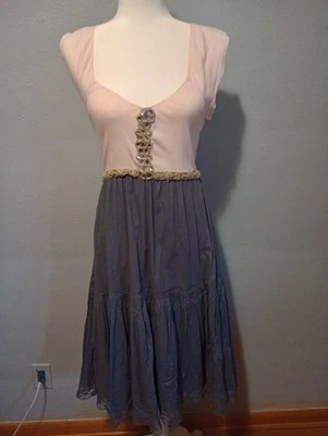Free People Pink & Gray Midi Sleeveless Dress Sz 8  Mid Stretch Lace Bead Accent - Image 1 of 4