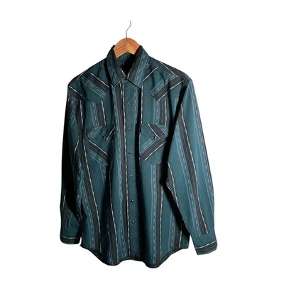 Wrangler Western Shirt Men's Size M Green Striped Long Sleeve Snap Button Casual - Image 1 of 4