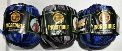 LOT of 3 INCREDIBLE RIBBON in ACCENT ON BLACK & BLUE SHADES by LION BRAND 110yds - Image 1 of 4