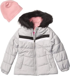 NEW $85 LONDON FOG Puffer Hooded Jacket w Fleece Hat gray pink faux fur Girl 7/8 - Picture 1 of 4