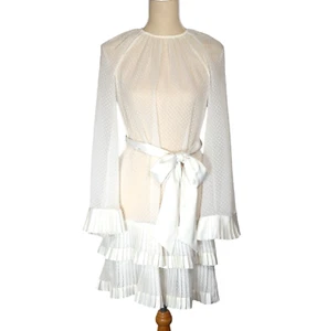 ZIMMERMANN Size 0 AU8 White Sheer Polka Dot Shift Dress Belted Satin Trim Pleats - Picture 1 of 12