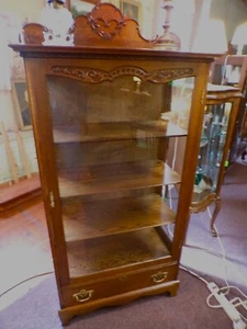 Antique Oak Bookcase curio Cabinet ornate carvings 3 shelves 1900's refinished - Picture 1 of 10