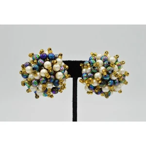 Vintage Statement Ohrclips Chunky Cluster Perlen blau Chrom 80er 9G - Bild 1 von 12