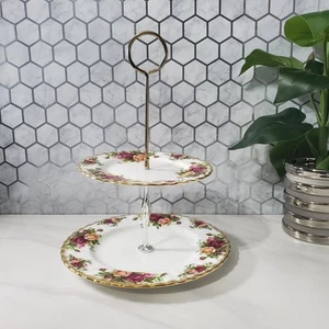 Royal Albert Old Country Rose Two Tiered Dessert Plate Cake Stand FLAW - Picture 1 of 12