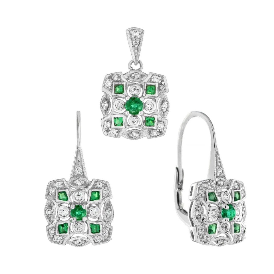 14K Gold Natural Emerald Diamond Art Deco Style Pendant and Earrings Jewelry Set - Image 1 of 4