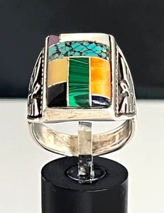 Navajo signierter Vintage Sterlingsilber Multi-Stein-Inlay Größe 11 1/2 Ring, 18,7 Gramm - Bild 1 von 9