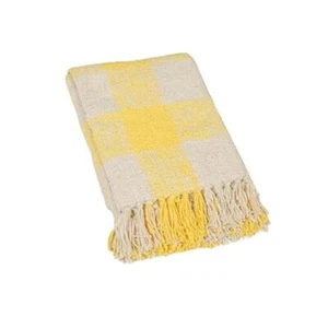 Hand-Woven Cotton Throw with Plaid Pattern and Fringe, Yellow and Cream - Picture 1 of 8