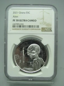 2021 Ghana Silver 5 Cedis 1 oz Silver Alien NGC PF 70 Ultra Cameo - Picture 1 of 4