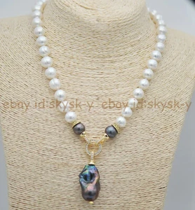 Natural White Freshwater Pearl Black Keshi Baroque Pearl Pendant Necklace 14-32" - Picture 1 of 8