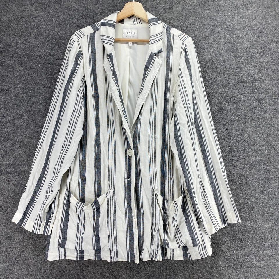Blazer Torrid Mujer 2 Blanco Rayas Lino Cuello Abotonado Manga Larga Bolsillos Foto 1 de 4