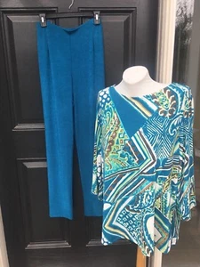 New 2-pc SET Chico's Travelers Mercer Blue Paisley Top No Tummy Pant 2 L 12 NWT - Picture 1 of 1