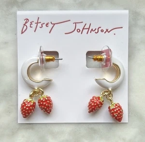 Betsy Johnson Enamel Strawberry Huggie Hoop Earrings - Picture 1 of 2