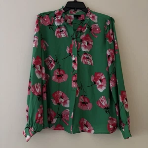 Who What Wear Green Pink Floral Button Front Blouse Size M - Picture 1 of 3