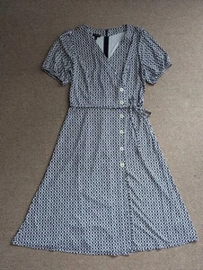 TALBOTS WOMEN'S BLACK LAVENDER PRINTED V-NECK JERSEY FAUX WRAP MIDI DRESS Sz S - Picture 1 of 9