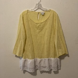 LIZ CLAIBORNE yellow white eyelet embroidered tiered scalloped hem top XL - Picture 1 of 9