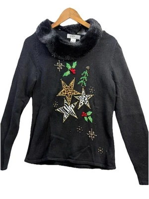 Suéter de Navidad negro Kikiit para mujer talla mediana cuello de piel sintética Foto 1 de 4