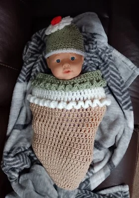 Manta de ganchillo para bebé recién nacido cocoon y sombrero foto utilería cono de helado acurrucarse Foto 1 de 4