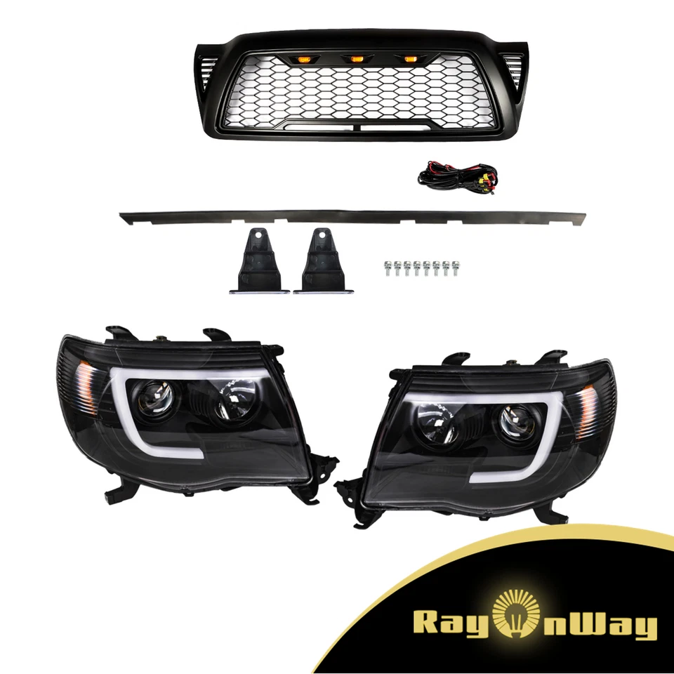 Para Toyota Tacoma 2005-2009-11 Faros L+R + Kit de rejilla de capó delantero negro Foto 1 de 4