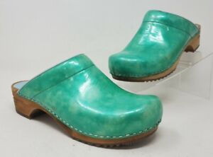Sanita Green Leather Wooden Slip On Clogs Mules Womens 38 US 8