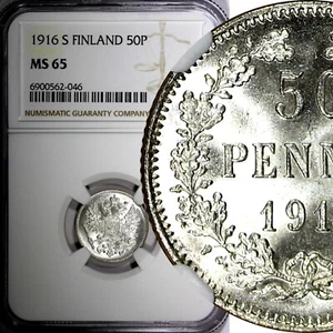 FINLANDIA Nicolás II Plata 1916 S 50 Penniä NGC MS65 GEMA BU MONEDA KM# 2.2 (046) - Imagen 1 de 4