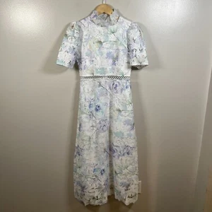 Miss Rosier Blanche Floral Cut Out Midi Dress Size Medium White Blue Lace Event - Picture 1 of 14