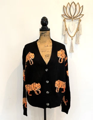 Cárdigan tejido negro naranja cuello en V tigre botón delantero suéter para mujer talla mediana Foto 1 de 4