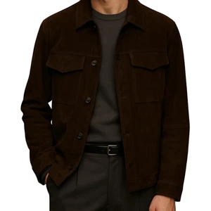 Men's Suede Leather Jacket Biker Dark Brown Casual Real Sheepskin Vintage Coat - Picture 1 of 5