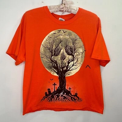 Camiseta De Colección Juvenil Naranja Halloween Luna Cementerio Manga Corta Talla Grande Foto 1 de 2