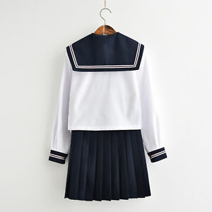 Women School Girl Sailor Uniform Set JK Long Sleeve Blouse Skirt Cosplay Costume
