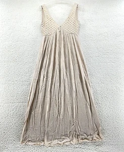 Easel Beige Vneck Sleeveless Long Lined Dress Crochet Lace Linen Womens S - Picture 1 of 9
