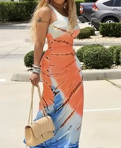 Women Tie Dye Scoop Neck Dress, Casual Sleeveless Summer Maxi Dress - Picture 1 of 1