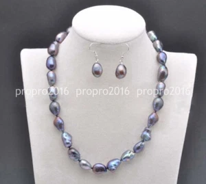 7-8/8-9/9-10mm Natural Black Freshwater Baroque Pearl Necklace Earrings Set - Picture 1 of 9