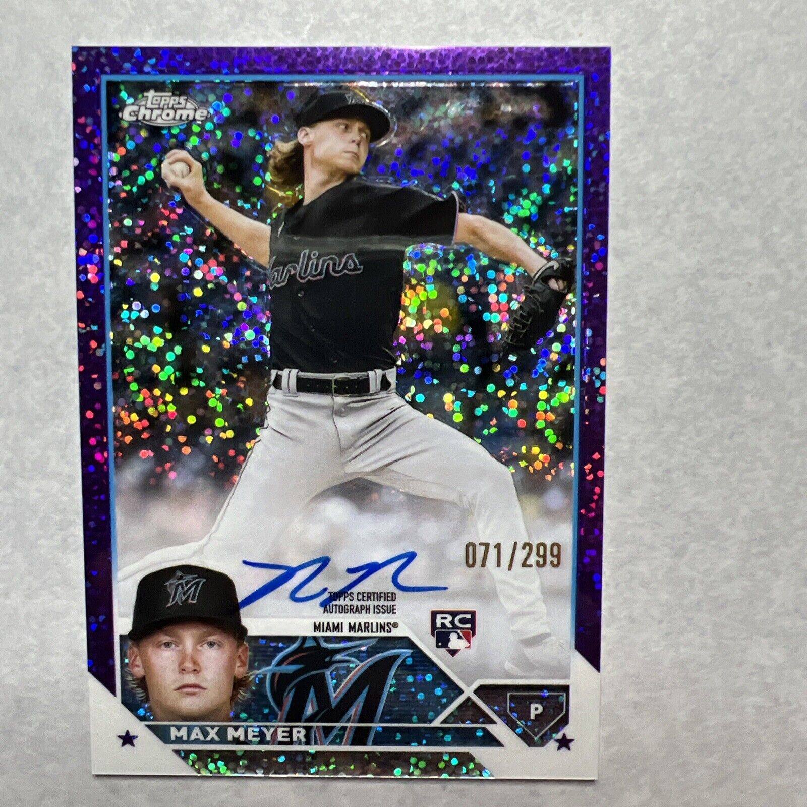 2023 Topps Chrome MAX MEYER Purple Speckle Refractor On Card Auto RC /299
