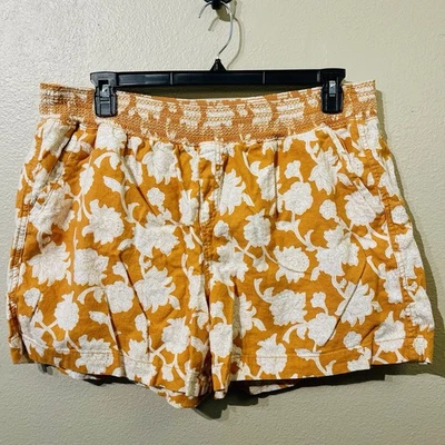 Pantalones Cortos Briggs Mezcla de Lino Floral Naranja Marfil Cintura Elástica Para Mujer Talla XXL  Foto 1 de 4